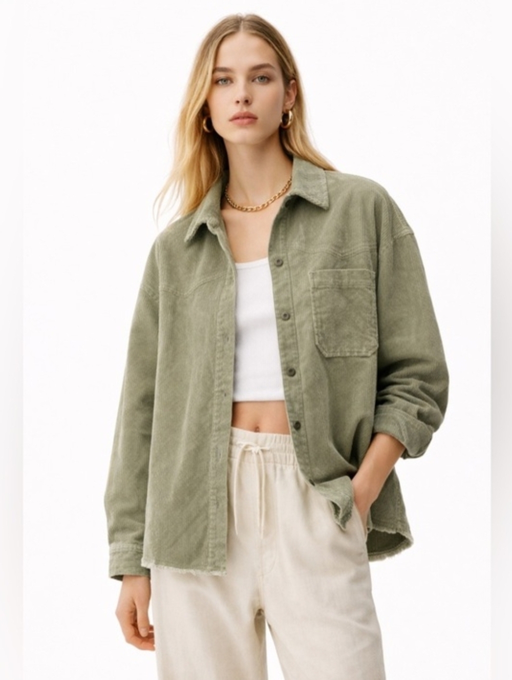 Zara Sage Green Raw Hem Corduroy Shacket